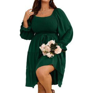 Plus Size Fall Dress Women Long Sleeve Smocked Square Neck A-Line Party